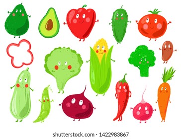 Funny emotional smiling vegetables. Smiling faces. Cute food characters. Farm eco product. Fresh vegetarian food. Hand drawn kids illustration. Vector background. Pencil texture. Childish drawing.