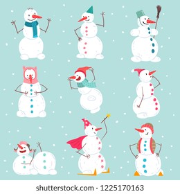 Funny emotional snowmen characters set in different situations, Christmas and New Year holidays decoration elements vector Illustration