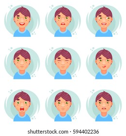 Funny emotions cute boy avatar icons flat design vector illustration