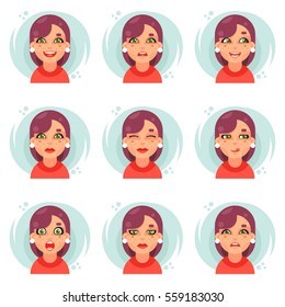 Funny emotions cute girl avatar icons set flat design vector illustration