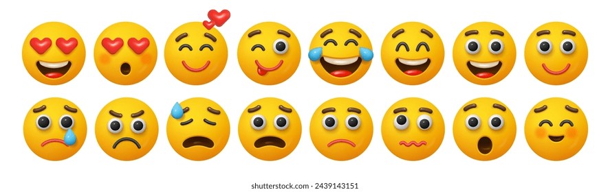 Emociones divertidas, caras aisladas con expresiones. Vector riéndose y llorando, triste y feliz, en el amor y furioso o enojado. Wow personaje sorprendido o sorprendido, cabeza de personaje alegre