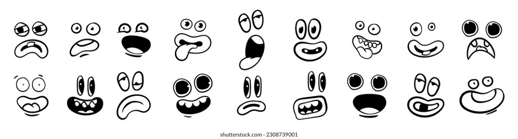 Funny emotions set. Cartoon face expression. Line art. Vector hand-drawn illustration isolated on white background.