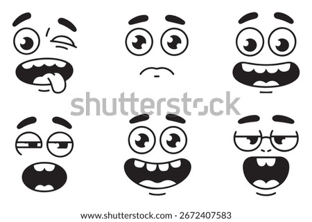 Funny emotions set. Cartoon face expression. Line art. Vector black silhouette. with white background
