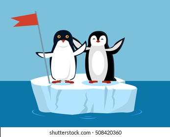 Funny emperor penguins on arctic glacier with red flag. Black penguin with white belly. Animal adorable penguin vector character. Charming penguin. Wildlife characters greeting you. Vector