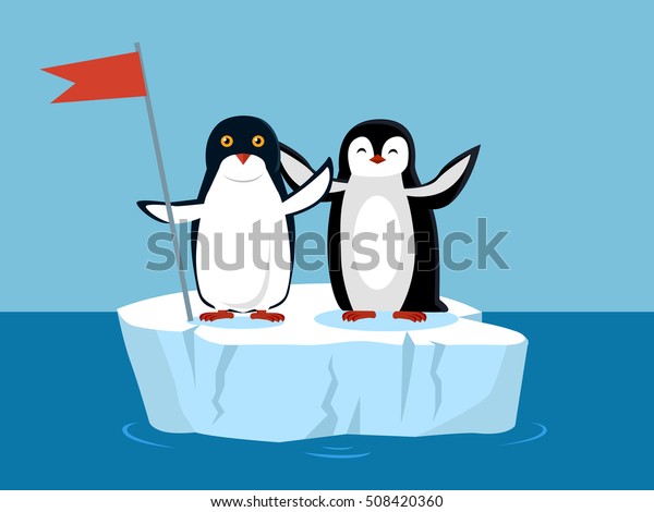赤い国旗の付いた北極氷河の上にいるおかしな皇帝ペンギンたち 白い腹を持つ黒いペンギン 動物の可愛いペンギンのベクター画像キャラクター 魅力的なペンギン 野生生物のキャラクターがあいさつをする ベクター画像 のベクター画像素材 ロイヤリティフリー