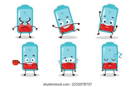 funny empty battery cartoon character with various pose activity design illustration