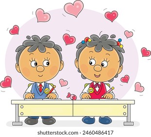 Funny enamored little schoolgirl and schoolboy talking and writing in exercise books at their desk in a classroom at a lesson in a primary school, vector cartoon illustration on a white background