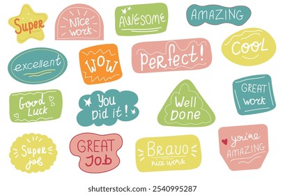  Funny encouragement stickers. Job and great job stickers vector illustration. School reward, encouragement sign, stamp. Educational kids design.