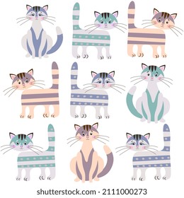 Funny endless background with cute cartoon cats in different poses isolated on white background. Fabric print for kids. Delightful set of Chinese New Year symbols.