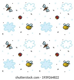 Funny endless hand drawn background with cute bee, ladybug, dragon-fly and clouds. Cool vector illustration for kids, babies, fashion, texture, ornament.