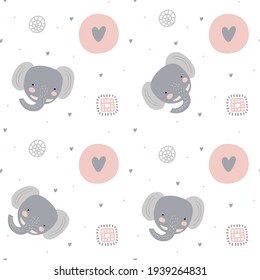 Funny endless hand drawn background with cute elephant, dots and hearts. Cool vector illustration for kids, babies, fashion, texture, ornament.