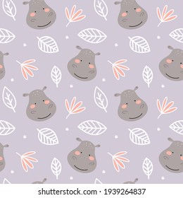 Funny endless hand drawn background with cute hippo, flowers and leaves. Cool vector illustration for kids, babies, fashion, texture, ornament.