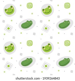 Funny endless hand drawn background with cute frog, crocodile and dots. Cool vector illustration for kids, babies, fashion, texture, ornament.