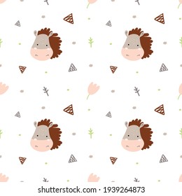 Funny endless hand drawn background with cute horse, flowers and dots. Cool vector illustration for kids, babies, fashion, texture, ornament.