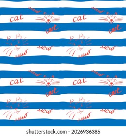 Funny endless pattern with hand-drawn cat faces and meow lettering. White and blue stripes. Tile for printing on fabric, wrapping paper.