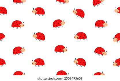 Funny Endless Print with Cute Hand Drawn Ladybug. Vector Seamless Pattern with Smiling Ladybird. Happy Ladybug on a White Background. Simple Nursery Art ideal for Fabric, Textile, Wrapping Paper. RGB.