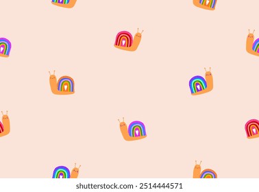 Funny Endless Print with Cute Hand Drawn Snails and Rainbows. Seamless Pattern with Smiling Snail with House Made of Rainbow. Happy Snails on a Light Blush Pink Background. Simple Nursery Pattern.RGB.