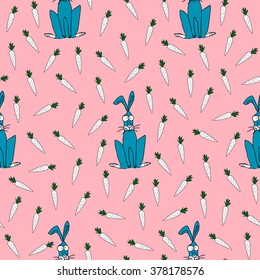 Funny endless seamless pattern with rabbits and carrots. Doodle style. Pattern for children. Hand-drawn
