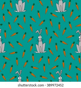 Funny endless seamless pattern with rabbits and carrots. Doodle style. Hand-drawn