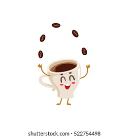 Funny energetic espresso cup character juggling coffee beans, cartoon style vector illustration isolated on white background. Cute espresso coffee cup character, morning energy boost