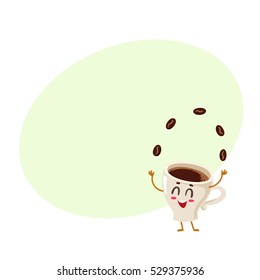 Funny energetic espresso cup character juggling coffee beans, cartoon style vector illustration on green background with place for text. Cute espresso coffee cup character, morning energy boost