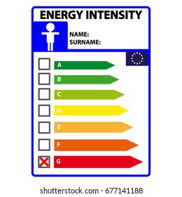 Funny energy efficiency label for men isolated on white background. Vector illustartion