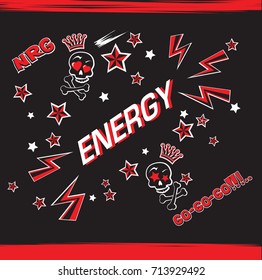 Funny energy energetic illustration with cartoon crowned skulls with crossbones.
