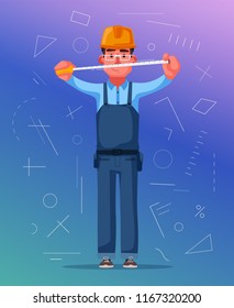 Funny engineer is measures. Employee is working. Cartoon vector illustration. Character design