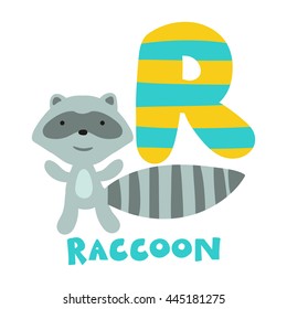 Funny English Alphabet Letter R Raccoon Vector Illustration
