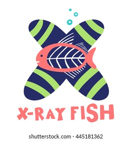 Funny English Alphabet Letter X X-Ray Fish Vector Illustration