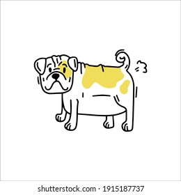 Funny english bulldog farts. Little funny dog. Doodle icon. Vector illustration of a dog. Editable element.