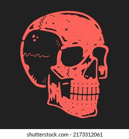 Funny engraved skull. Modern logo. Retro red skull dude.