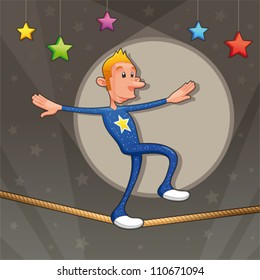 Funny equilibrist is walking on the tightrope. Cartoon and vector illustration.