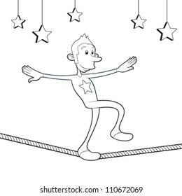 Funny equilibrist is walking on the tightrope. Cartoon and vector illustration.