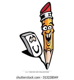 Funny Eraser & Pencil Cartoon Character Vector Art