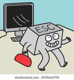 Funny Escape Key Run Away From A Keyboard Concept Card Character illustration