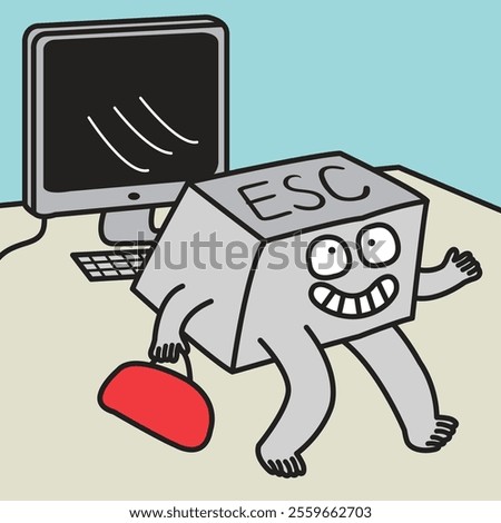 Funny Escape Key Run Away From A Keyboard Concept Card Character illustration