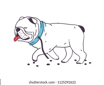 Funny escaped dog walking with torn leash connected to collar. Cute naughty bulldog isolated on white background. Bad behavior of domestic animal or pet. Colorful hand drawn vector illustration.