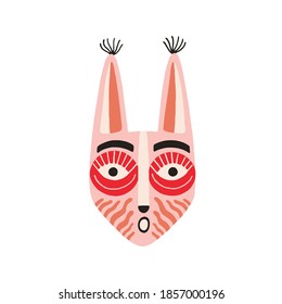 Funny ethnic Indian tribal mask with long ears and open mouth expressing surprise. Pink ancient ritual symbol or souvenir. Flat vector illustration isolated on white background. Clip art element