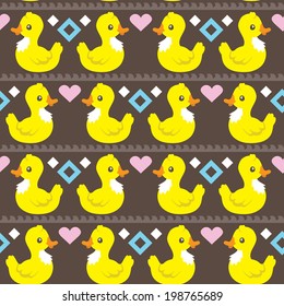 funny ethnic simple ducks pattern . Seamless vector doodle pattern with waves and funny ducks