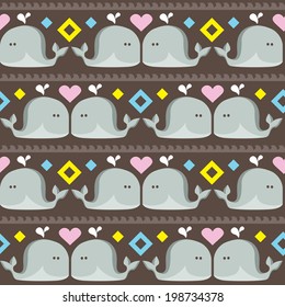 funny ethnic simple whales pattern . Seamless vector doodle pattern with waves and funny whales