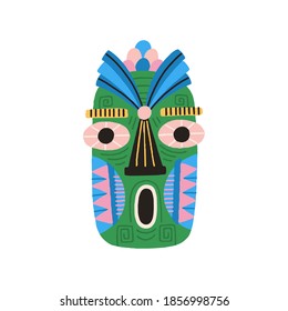 Funny ethnic tiki tribal mask with huge eyes and open mouth. Dreaded ancient ritual symbol or souvenir. Hand drawn flat vector illustration isolated on white background. Clip art element for design