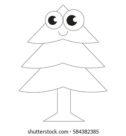 Funny Evergreen Tree cartoon. Outlined object with black stroke.