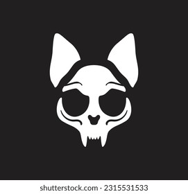 Funny evil cat skull silhouette in black and white. Vector icon isolated. 