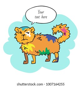 Funny evil discontented woolly dog with a grin, stains of paint and cloud place for your text