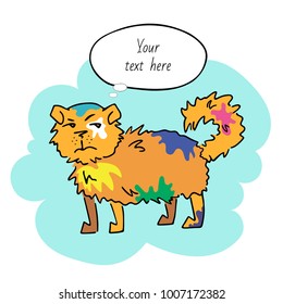 Funny evil discontented woolly dog with a grin, stains of paint and cloud place for your text