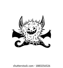 Funny evil monster. Black and white character. Vector illustration isolated on white