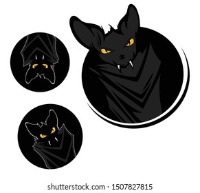 funny evil vampire bat peeking out of round black hole on white background - decorative halloween vector design set