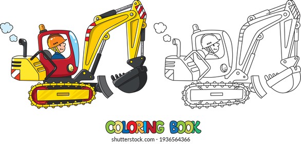Funny excavator with a driver. Coloring book