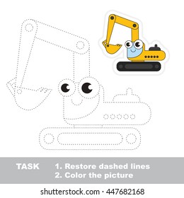Funny excavator in vector to be traced. Easy educational kid game. Simple level of difficulty. Restore dashed line and color the picture. Trace game for children.